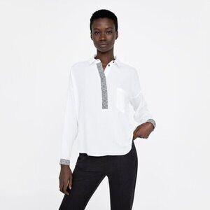 EUC Zara white   off-white sheer button up blouse w  animal print accent piping